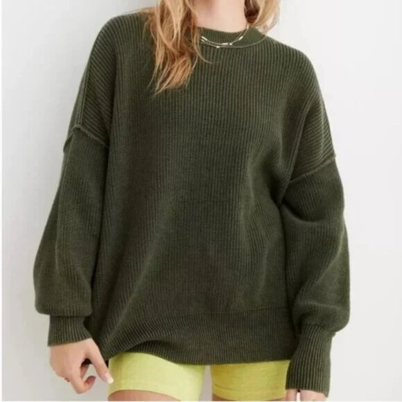Aerie Beyond Oversized Sweater Olive Green Ribbed Pullover Fisherman Style (XXS) - Picture 1 of 10